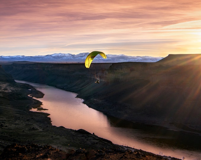 Paraglider Gliding Through Snake River Canyon, Swan Falls Idaho-Sunset, Horizontal Print/Canvas/Metal/Acrylic Fine Art Photography Home Gift