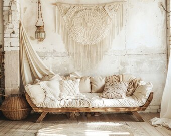 Digital Backdrop Boho Room Interior, Bohemian Style Background JPG ...