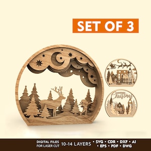 Set di 3 globi di neve in legno tagliato al laser per decorazioni natalizie, file digitali per taglio laser - modello 3D - Puzzle Hobby Piani per decorazioni natalizie in compensato