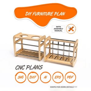 May include: Two wooden DIY furniture plans with assembly instructions. The plans are available in SVG, DXF, AI, EPS, and PDF formats. The plans show a two-tiered shelf and a vertical rack.