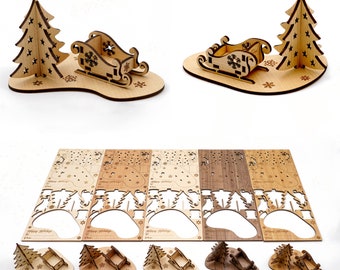 Laser Cut Christmas Sleigh & Tree Decor: 3D Plywood Model (Digital Files)