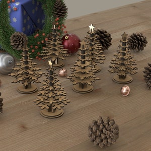 Lot de 6 sapins de Noël en bois découpé au laser, fichiers numériques pour la découpe laser - modèle 3D - plans de décoration de Noël en contreplaqué de passe-temps