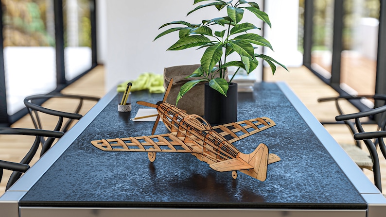 May include: A wooden model airplane with a detailed, open-frame design. The model is made of light brown wood and has a black base. The model is sitting on a dark gray table with a plant in a black pot in the background.