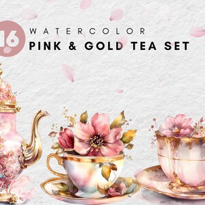 Pode incluir: Ilustração de aquarela de um conjunto de chá rosa e dourado com detalhes florais. O conjunto inclui um bule, uma xícara de chá e um pires. O bule tem uma tampa e uma alça douradas, e a xícara de chá e o pires são decorados com flores rosas.