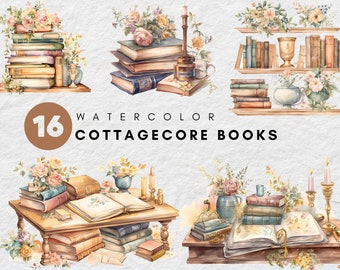 Aquarel Cottagecore-boeken | Antieke boek PNG-illustraties | Bloemendetails | Direct downloaden voor commercieel gebruik