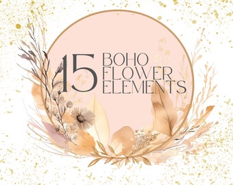 May include: A set of 15 boho flower elements in watercolor style. The elements are in shades of beige, brown, and white. The elements are arranged in a circle around the text "BOHO FLOWER ELEMENTS".
