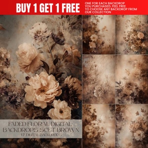 17 faded floral Digital Backdrops soft brown, Maternity Backdrop Overlays, Photoshop Textures Overlays, Photography Digital Background,