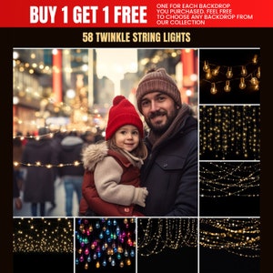May include: The image showcases a family with a backdrop of twinkling string lights. The text reads "BUY 1 GET 1 FREE" and "58 TWINKLE STRING LIGHTS". Additional images display various styles of string lights, including warm white and colorful options.