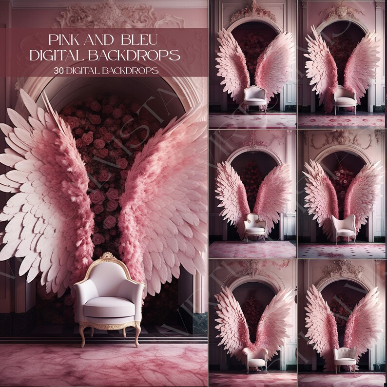 30 Pink & Blue Digital Backdrops, Angel Wings Digital Backgrounds ...