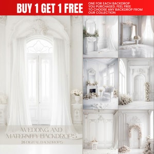 May include: A collage of 26 digital backdrops for wedding and maternity photography. The backdrops feature a white, ornate, and elegant design with various elements like a fireplace, a large window, and a doorway. The text "BUY 1 GET 1 FREE" is displayed at the top of the image. The text "WEDDING AND MATERNITY BACKDROPS" is displayed at the bottom of the image. The text "26 DIGITAL BACKDROPS" is displayed below the text "WEDDING AND MATERNITY BACKDROPS".