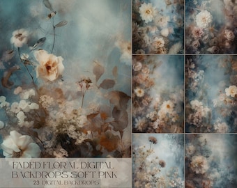 May include: A set of 23 digital backdrops featuring faded floral designs in soft pink hues. The backdrops are perfect for photographers and crafters looking to add a touch of vintage elegance to their projects.  BUY 1 GET 1 FREE.