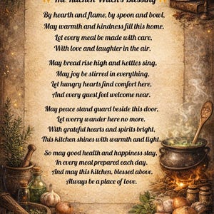 Puede incluir: Pergamino ilustrado con el texto "The Kitchen Witch's Blessing". La imagen presenta un sombrero de bruja, un caldero y varios utensilios de cocina, incluyendo un mortero y una maja, pan y hierbas.