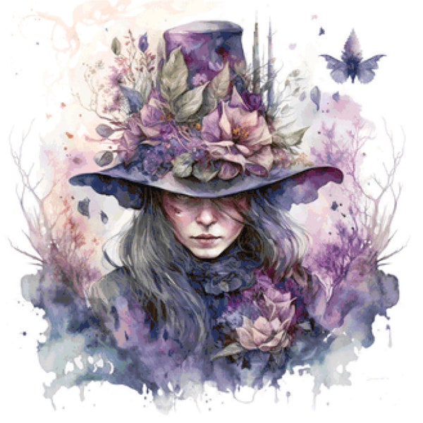 Purple Watercolour Witch- Full coverage counted cross stitch pattern