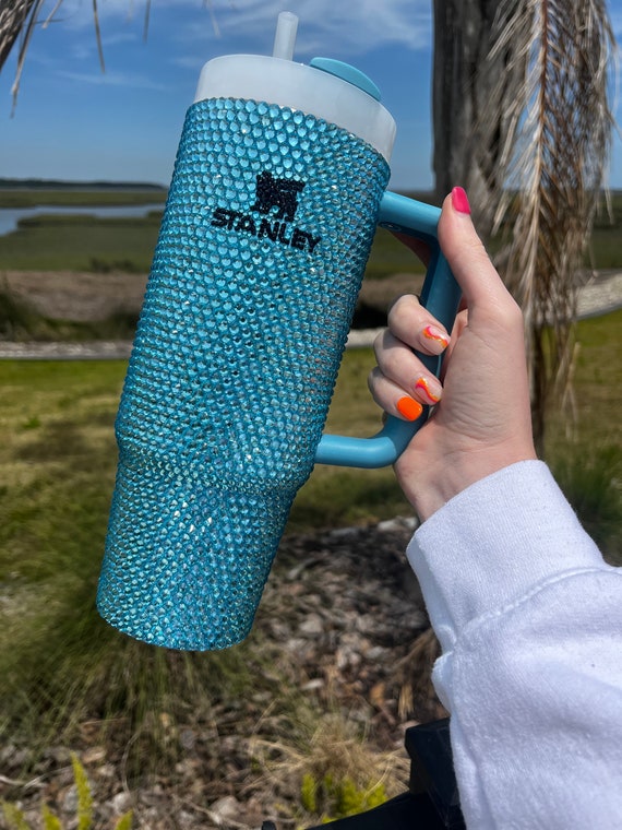 Bling Stanley tumbler - pool - baby blue - light blue premium rhinestones  40 oz cup with handle - HTF cup - free shipping! Tik Tok cup