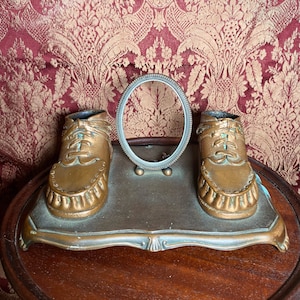 Vintage Copper/ Bronze Mid century Baby Shoes on Pedestal with Frame