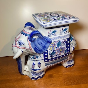 Vintage Large Chinese Porcelain Hand Painted Elephant Garden Seat Plant Stand Pedestal 16"