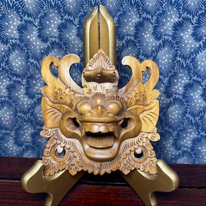 Balinese Barong Head Wooden Carved Sculpture- 4.5&quot; Vintage Indonesian Mask Folk Art