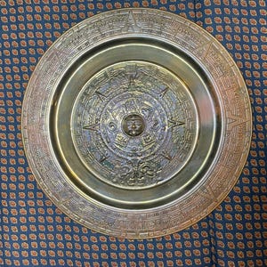 Vintage Embossed Copper Mayan/ Mexican Calendar Bronze Patina Plate Wall Hanging 11&quot;