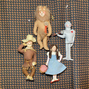 RARE (4) Signed 1983 Gladys Boalt Wizard of Oz Dolls Christmas Ornaments Dorothy, Tin Man, Scarecrow, Cowardly Lion