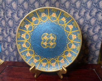 Vibrant Painted 9.5" Brass Decorative Plate- Vintage Indian Blue Hand Painted/ Etched