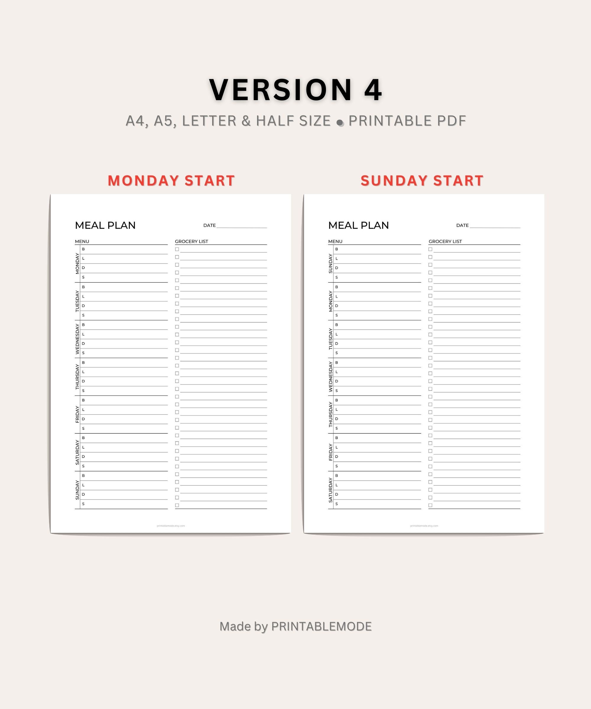 Weekly Meal Planner Inserts Grocery List Printable Template Food Diary ...