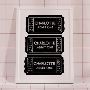 Charlotte North Carolina Wall Art, CLT Cityscape Art Print, North Carolina Poster, Charlotte Map, Queen City Gift Idea, Admit One Ticket Art