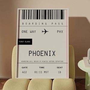 Arte mural de Phoenix, decoración retro del hogar de Arizona, arte mural con tarjeta de embarque de Phoenix, decoración de Airbnb, arte de chica del centro de la ciudad, impresión personalizada de viajes por la ciudad, Arizona