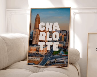 Charlotte Skyline Wall Art, Trendy Charlotte Wall Art, CLT Cityscape Typography Art Print, North Carolina Art, NC Map Home Decor, Queen City