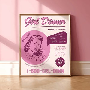 Girl Dinner Art Print Poster, Retro Kitchen Decor, Aesthetic Kitchen Wall Art, Disco Kitchen Art, Retro Kitchen Poster, Pink Kitchen Poster