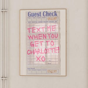 Charlotte Wall Art, Charlotte Guest Check Art Print, Downtown Girl Poster, Y2K Wall Art, Text Me When You Get to Charlotte, North Carolina