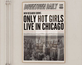 Chicago Wall Art, Retro Chicago Home Decor, Trendy CHI Art Print, Y2K Newspaper Headline Art, Illinois Illustration, Magazine Cover Wall Art