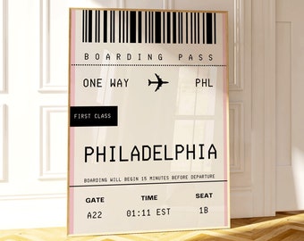 Philadelphia Wall Art, Retro Philly Decor, Trendy PHL Art Print, Custom Plane Ticket Wall Art, Pennsylvania Travel Print, City Esthetische Kunst