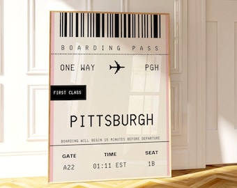 May include: A printable boarding pass for a flight to Pittsburgh, Pennsylvania. The pass is pink and white with black text and a barcode. The text reads "Boarding Pass", "One Way", "PGH", "First Class", "Pittsburgh", "Boarding will begin 15 minutes before departure", "Gate A22", "Time 01:11 EST", and "Seat 1B".