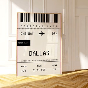 Arte de la pared de Dallas, decoración retro de Texas, impresión de arte de la tarjeta de embarque de Dallas, ilustración de moda de Dallas TX, cheque de invitado de Dallas, pared de la galería de Texas