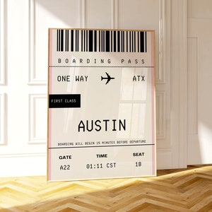 Arte de la pared de Austin, decoración retro del hogar de Texas, impresión de arte ATX de moda, arte de la pared de Texas Y2K de la década de 2000, ilustración de moda de Austin TX, tarjeta de embarque de Austin