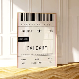 Arte de pared de Calgary Canadá, impresión de viaje de tarjeta de embarque, arte imprimible Y2K, impresión de arte de chica del centro, arte personalizado de la pared de la ciudad, idea de regalo de Alberta