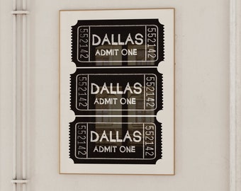Dallas Wall Art, Retro Texas Home Decor, Trendy DAL Art Print, Admit One Wall Art, Trendy Dallas TX Illustration, Dallas Moving Gift Idea