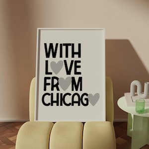 Chicago Wall Art, Retro Chicago Home Decor, Trendy CHI Art Print, With Love From Chicago, Illinois Illustration, Chicago Travel Print Art