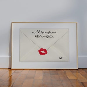 Impressão de arte de parede da Filadélfia, Pensilvânia, Com amor da Filadélfia, Arte de carta de amor coquete, Impressão de localização personalizada, Presente de mudança da Filadélfia
