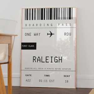 Arte mural de Raleigh, Carolina del Norte, Impresión artística de Raleigh, Póster de viaje de Carolina del Norte, Idea de regalo para mudanza, Tarjeta de embarque personalizada, City of Oaks