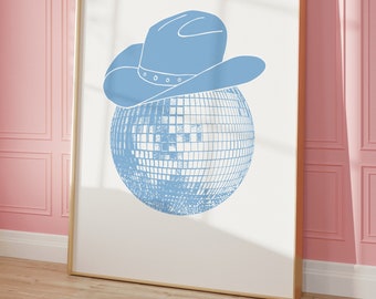 Blue Disco Cowboy Art Print, Disco Cowgirl Aesthetic Art, Blue Cowgirl Dorm Decor, Western Inspired Wall Art, Cowboy Hat Sketch Art Print
