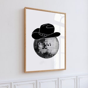 Black Disco Cowboy Art Print, Disco Cowgirl Aesthetic Art, B+W Cowgirl Dorm Decor, Western Inspired Wall Art, Cowboy Hat Sketch Art Print