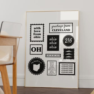 Cleveland Ohio Wall Art, Trendy Cleveland Stamps Art Print, CLE Art Print, Ohio Travel Print, Cleveland Landmark Illustration, Ohio Decor