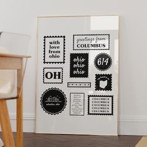 Columbus Ohio Wall Art, Columbus Stamps Art Print, CBUS Cityscape Art Print, Ohio Travel Print, Columbus Landmarks Illustration, Ohio Decor