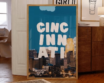 Cincinnati Wall Art, Ohio Art Print, Cincinnati Cityscape Poster, Ohio Dorm Decor, Custom City Art, Cincinnati Gift, Skyline Travel Print