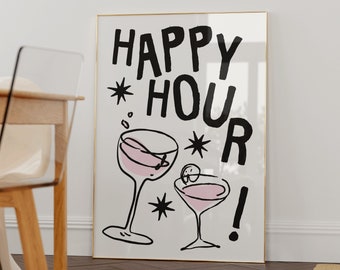 Happy Hour Poster, Kidcore Wall Art, Bar Cart Wall Art, Coquette Room Decor, Disco Aesthetic Art, Dinner Party Wall Art, Maximalist Poster