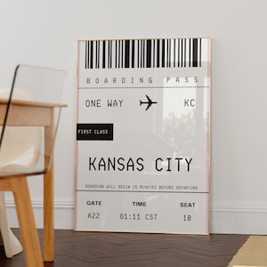 Arte de la pared de Kansas City, impresión de arte de KC de moda, cartel del paisaje urbano de KCMO, arte de Missouri, cartel de la tarjeta de embarque de Kansas City, impresión de arte de viaje personalizado