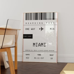 Impresión de arte de Miami, arte de la pared de Florida, cartel de viaje, arte de la pared costera, arte de Miami Y2K, arte personalizado de la ciudad, decoración del dormitorio universitario, tarjeta de embarque de Miami