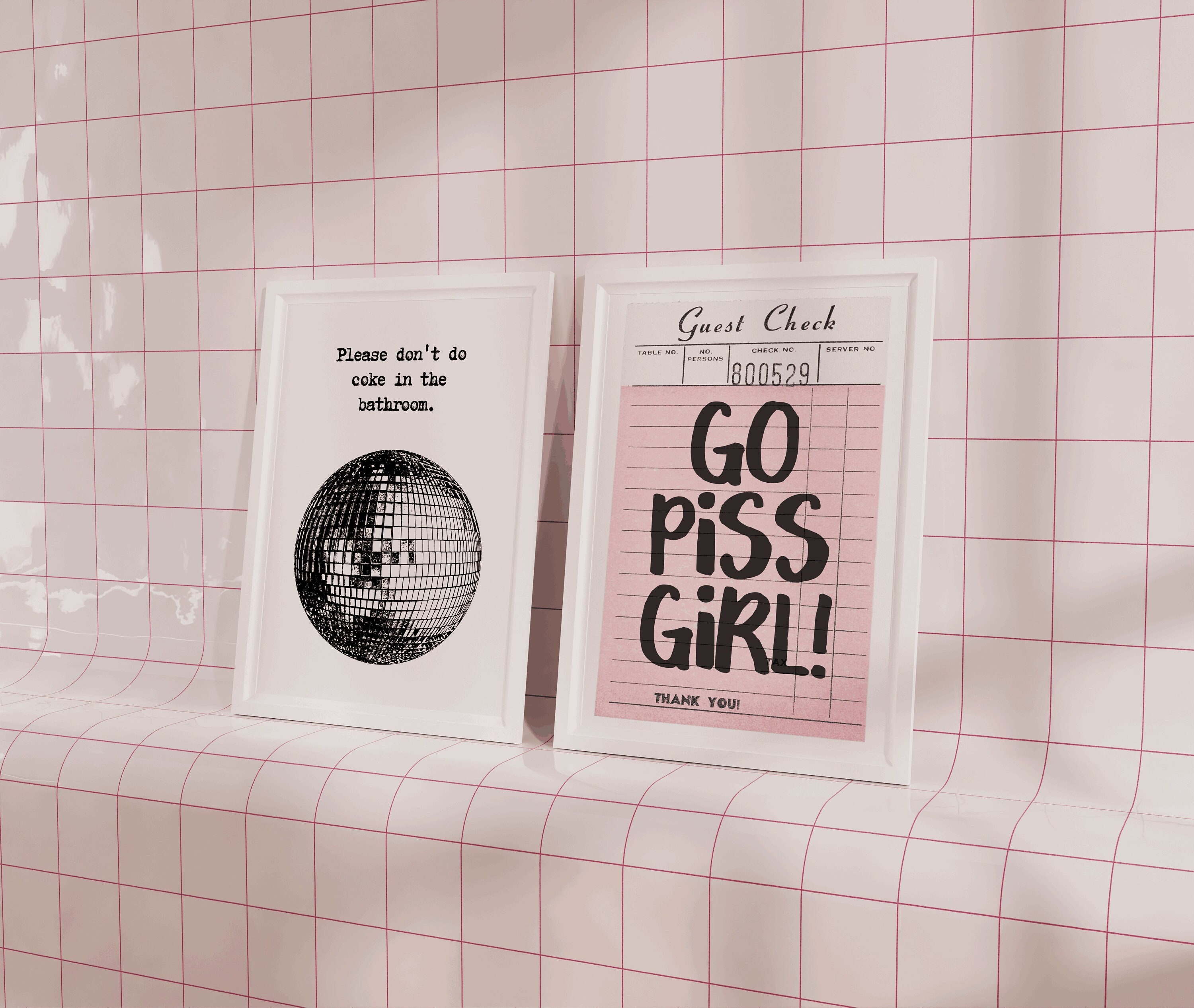 Go Piss Girl Guest Check Poster, Bathroom Guest Check Art Print, Coke In The Bathroom Guest Check Wall Art, Disco Bathroom Wall Art, Funky