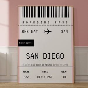 San Diego Wall Art, Custom Boarding Pass Print, Retro California Home Decor, California Travel Print, CA Art Print, Southern California Gift